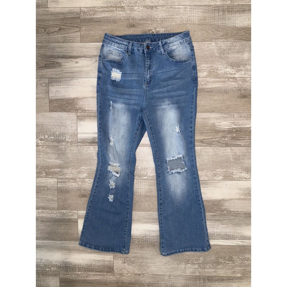 Women's Plus Size 0XL Distressed Flare Jeans Blue Stretch High Rise Denim - Picture 2 of 12